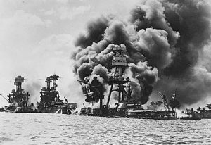 USS Arizona in flames (NARA photo)