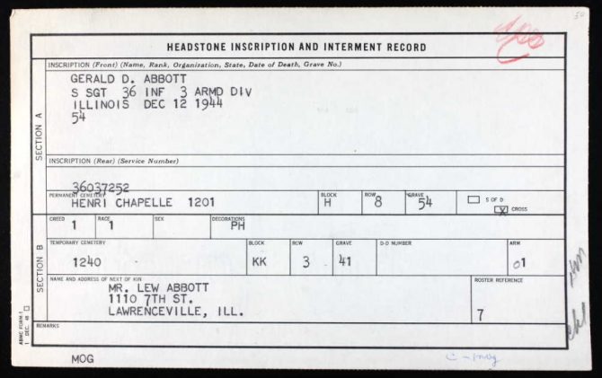 Burial card for Gerald D. Abbott of Lawrenceville, IL