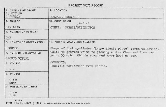 Record card for a UFO sighting near Festus, Missouri (October 1954).