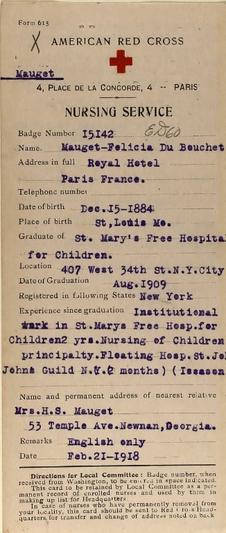 Main file card for a Red Cross nurse born in St. Louis