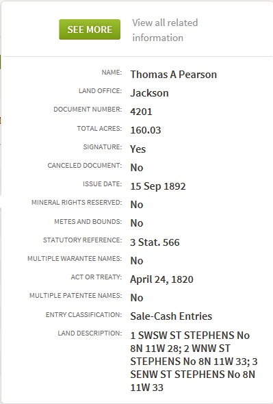 Record of land purchase in Mississippi by Thomas A. Pearson in 1892