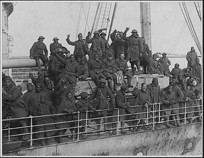 Black soldiers on World War I Army Transport Service ship (National Archives photo)